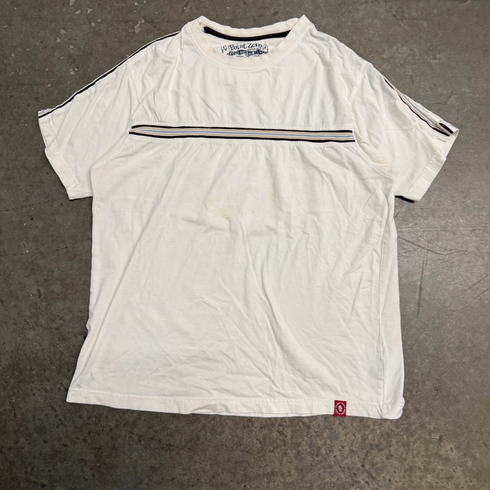 Point Zero Mens White Striped Vintage Wash T-Shirt Large Crew Neck Short Sleeve